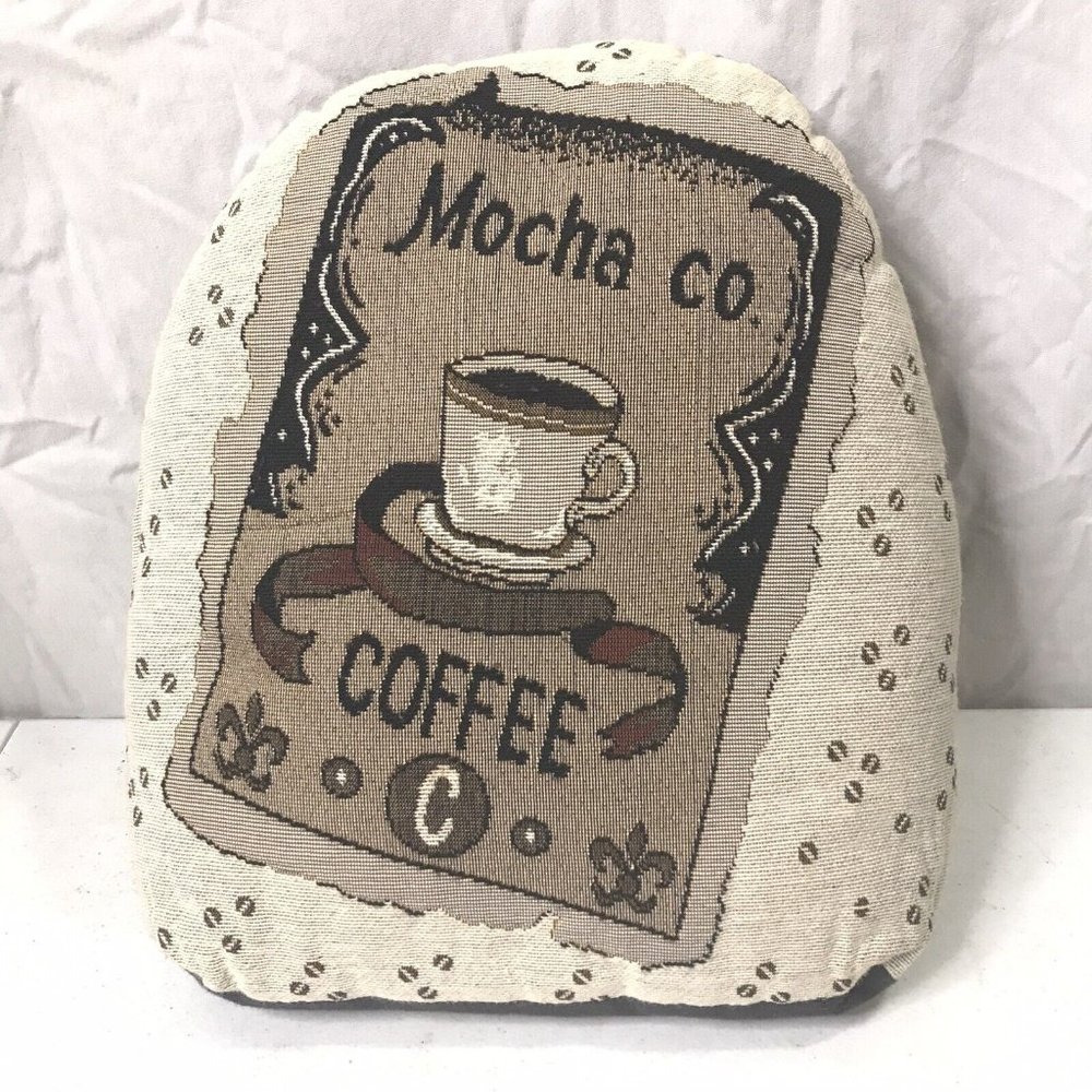 Vtg Needlepoint Throw Pillow Hand Stitched Mocha Co. Coffee Shop EUC Unique HTF